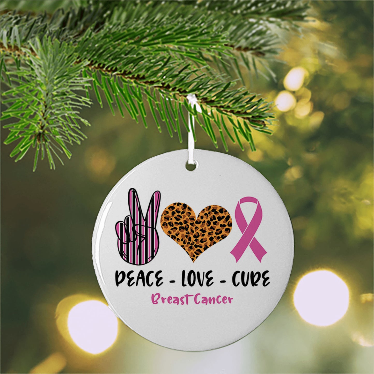 Peace love cure Breast Cancer Ornament, Breast Cancer Awareness, pink ribbon png, Christmas Ornament