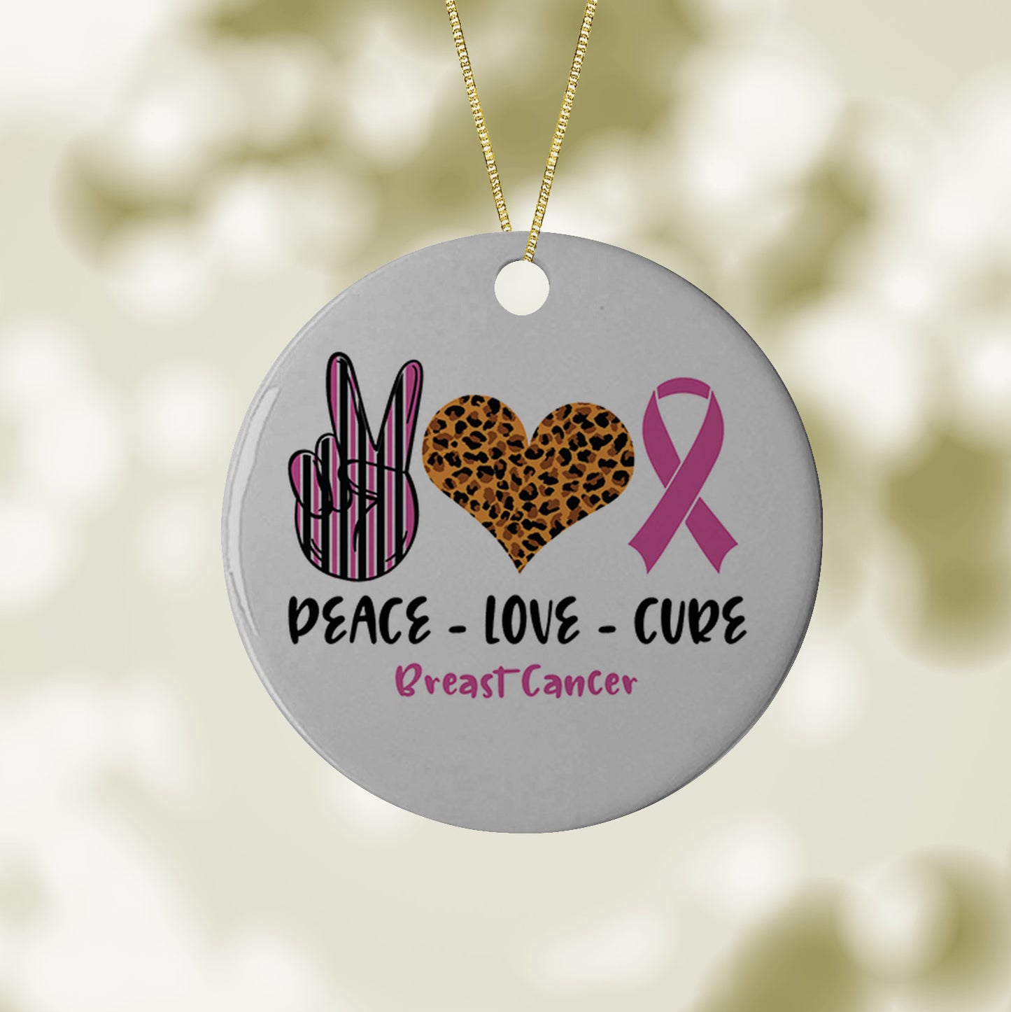 Peace love cure Breast Cancer Ornament, Breast Cancer Awareness, pink ribbon png, Christmas Ornament