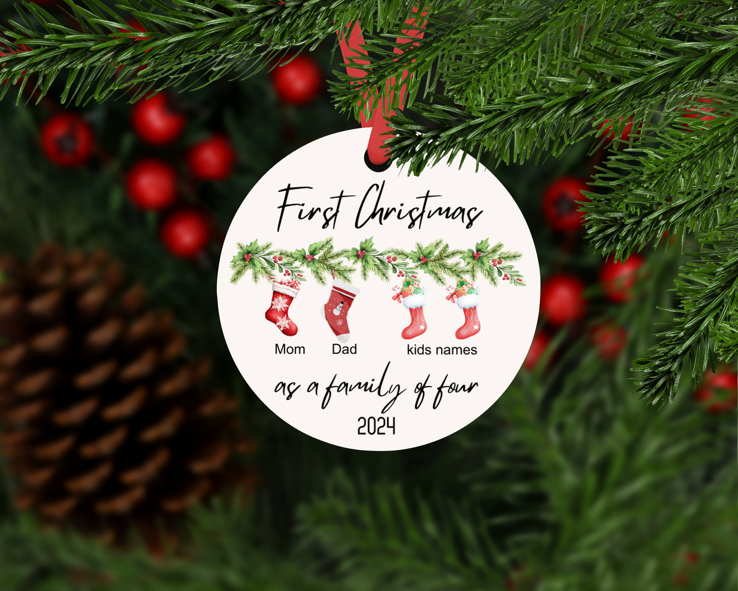 Personalised 2024 First Christmas as a Family of Four Bauble, Custom Family of 4 Xmas Ornament, New Baby Gift, Keepsake, New Parents