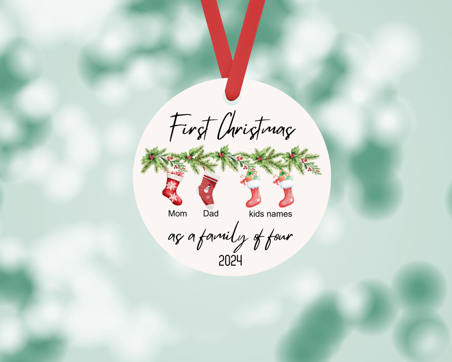 Personalised 2024 First Christmas as a Family of Four Bauble, Custom Family of 4 Xmas Ornament, New Baby Gift, Keepsake, New Parents