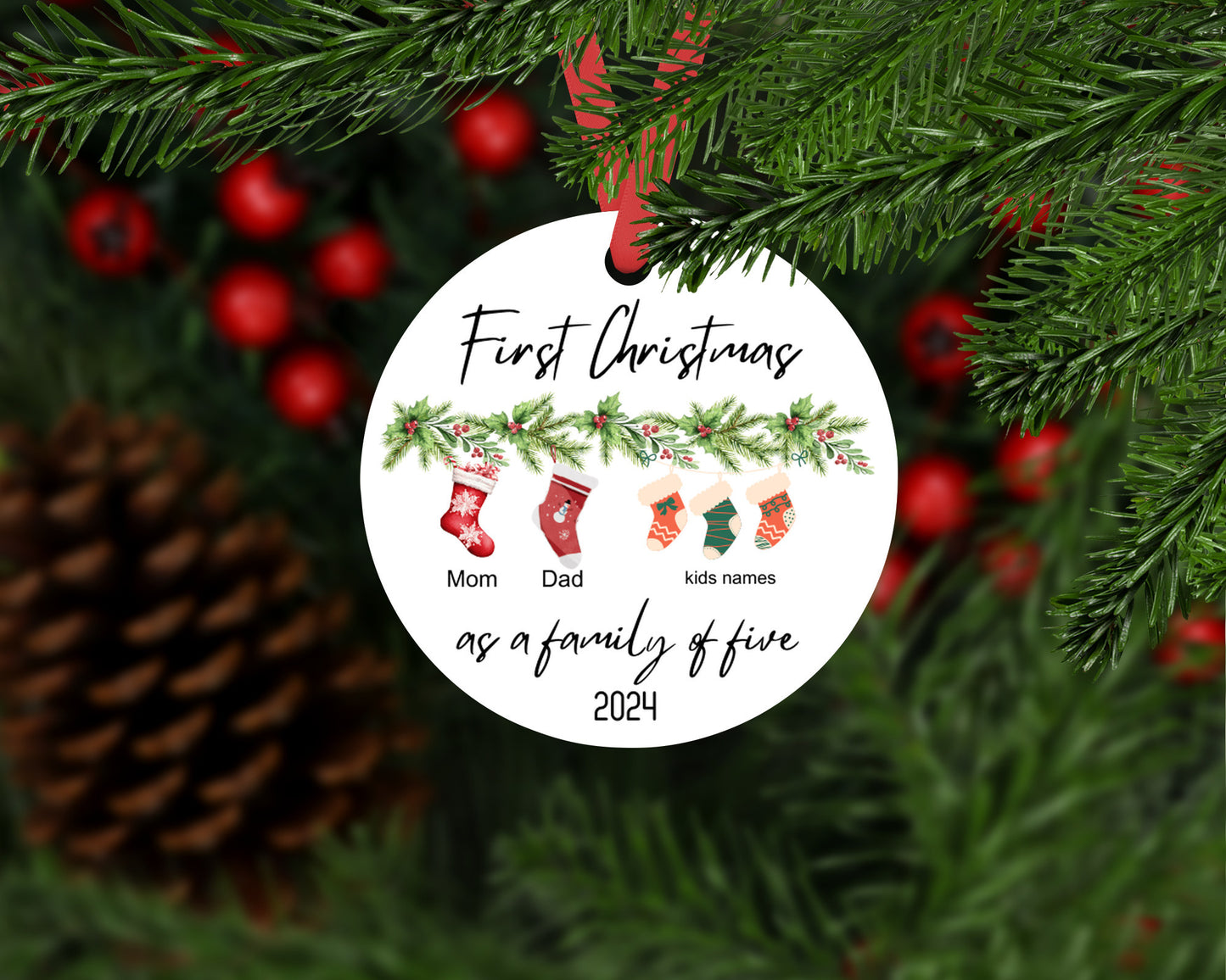 Personalised 2024 First Christmas as a Family of Five Bauble, Custom Family of 5 Xmas Ornament, New Baby Gift, Keepsake, New Parents