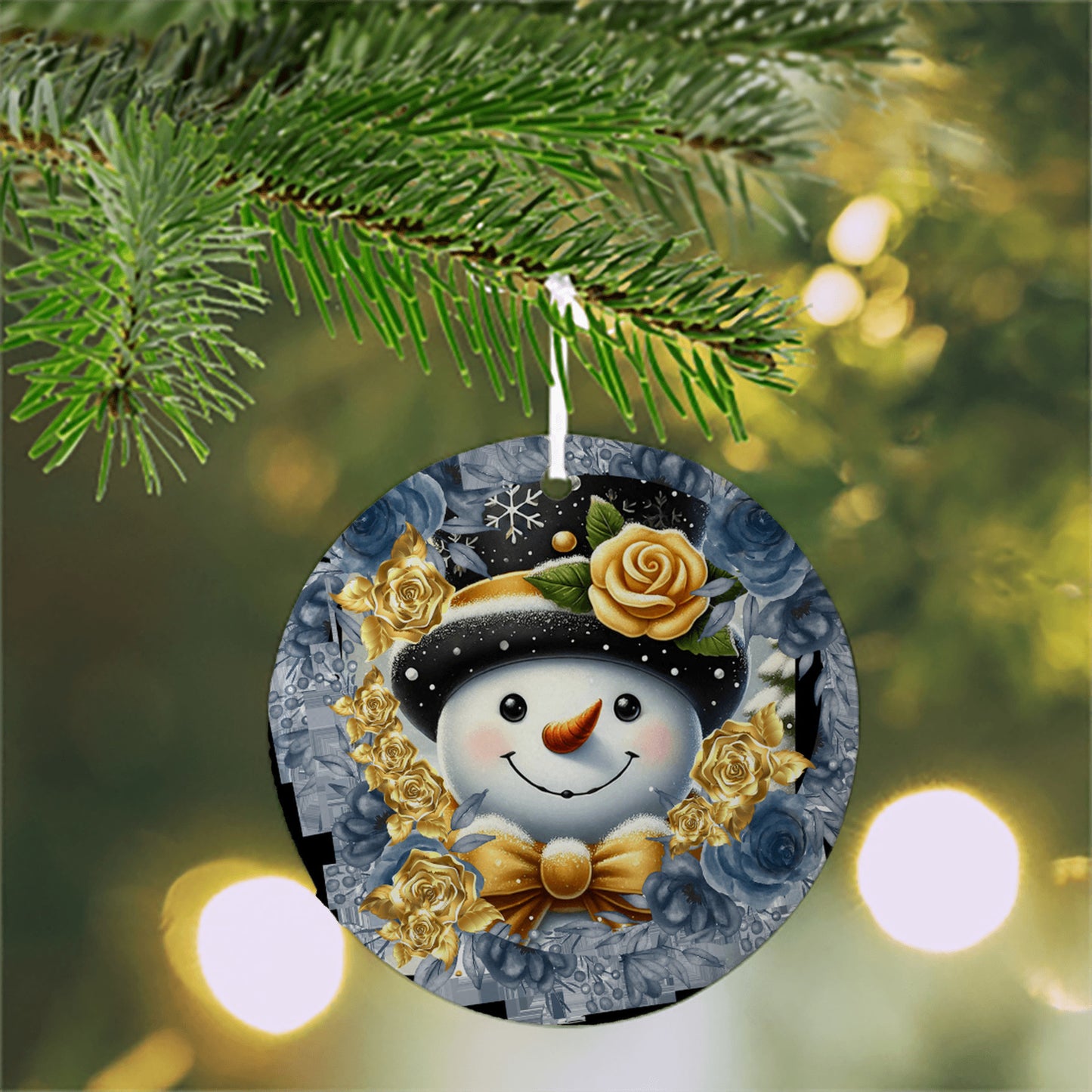 Snowman Gold and Silver Ornament, Ceramic Round Christmas Ornament, Festive Ornament