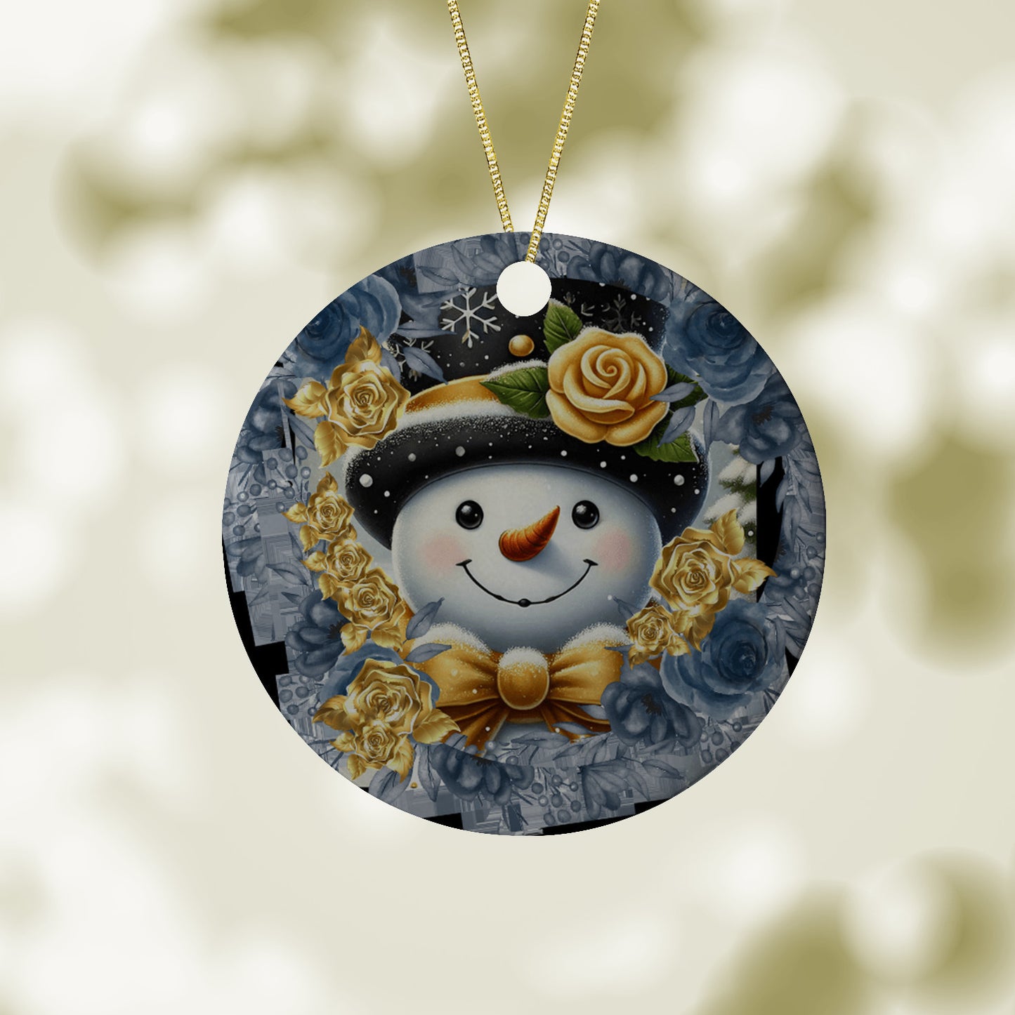 Snowman Gold and Silver Ornament, Ceramic Round Christmas Ornament, Festive Ornament