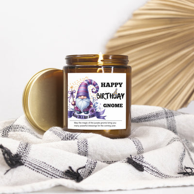 Happy Birthday Gnomie, Custom Scented Soy Candle, Purple Gnome Power, Birthday Gift for Mom, Best Friend Gift, Unique Birthday Present for Her