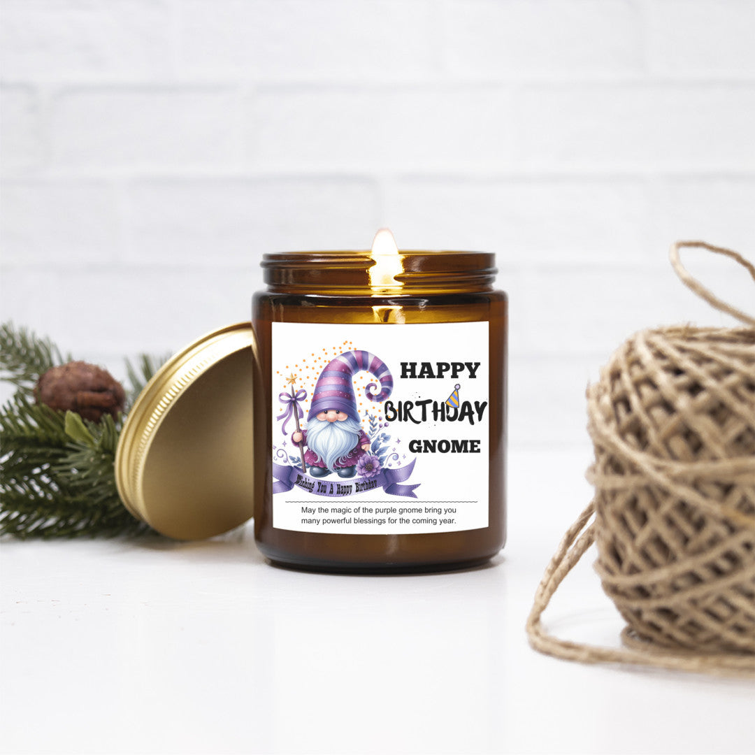 Happy Birthday Gnomie, Custom Scented Soy Candle, Purple Gnome Power, Birthday Gift for Mom, Best Friend Gift, Unique Birthday Present for Her